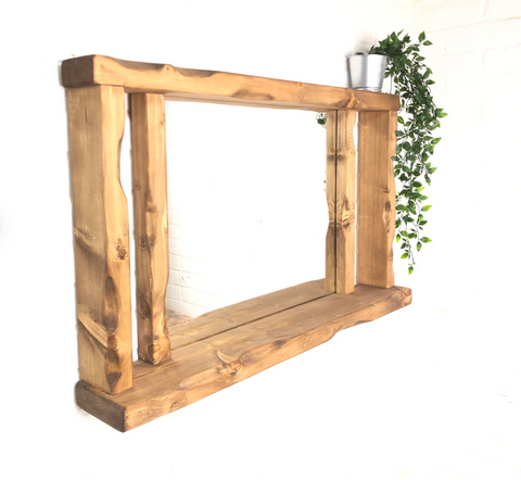 Pillar Rustic Mirror - Shelf Frame mirror Oak finish