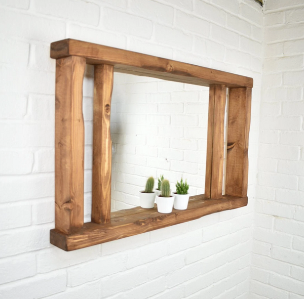Pillar Rustic Mirror - Shelf Frame mirror Oak finish