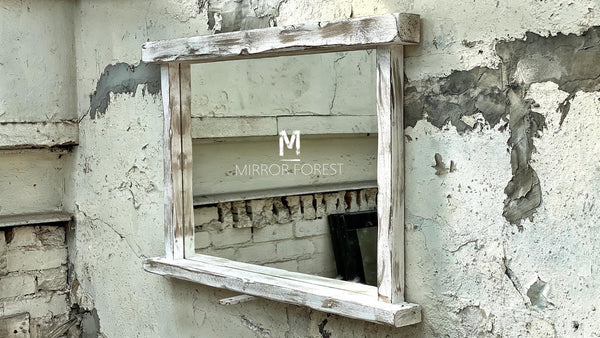 Farmhouse Tealight Shelf Mirror - Rustic White Wash