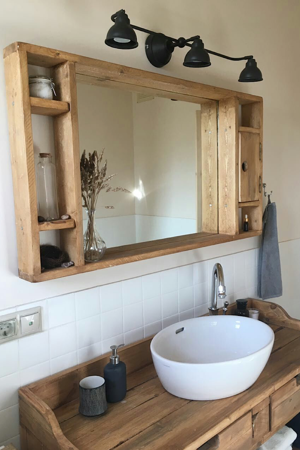 double sided Multi Shelf Farmhouse Tealight Mirror - Rustic warm oak