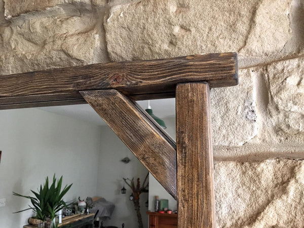 Farmhouse Corner Bracket Thin Frame  Rustic Mirror - Available in multiple Sizes & Oak Finishes