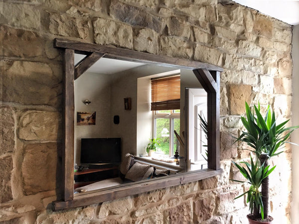 Farmhouse Corner Bracket Thin Frame  Rustic Mirror - Available in multiple Sizes & Oak Finishes