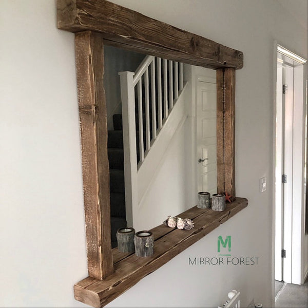 Farmhouse Tealight Shelf Mirror - Rustic Oak - Available in Multiple Sizes & Finishes