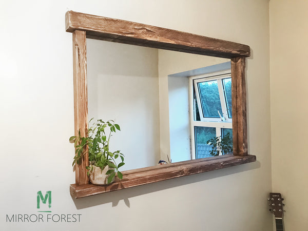 Farmhouse Tealight Shelf Mirror - Rustic Oak - Available in Multiple Sizes & Finishes