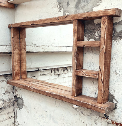 Single Sided Multi Shelf Farmhouse Frame Rustic Mirror - Available in Multiple Sizes & Oak Finishes
