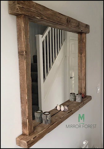 Farmhouse Tealight Shelf Mirror - Rustic Dark Oak