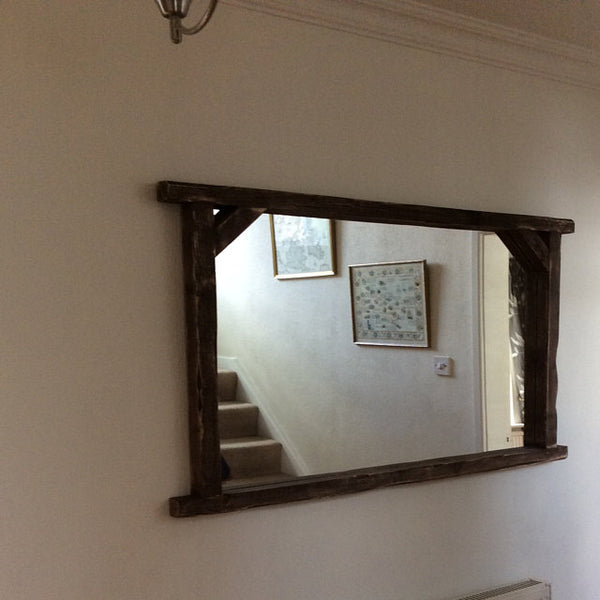 Farmhouse Corner Bracket Thin Frame  Rustic Mirror - Available in multiple Sizes & Oak Finishes