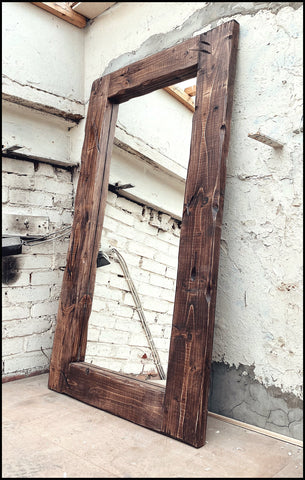 Wide Framed  Portrait Freestanding Mirror - Dark Walnut Finish Rustic Mirror